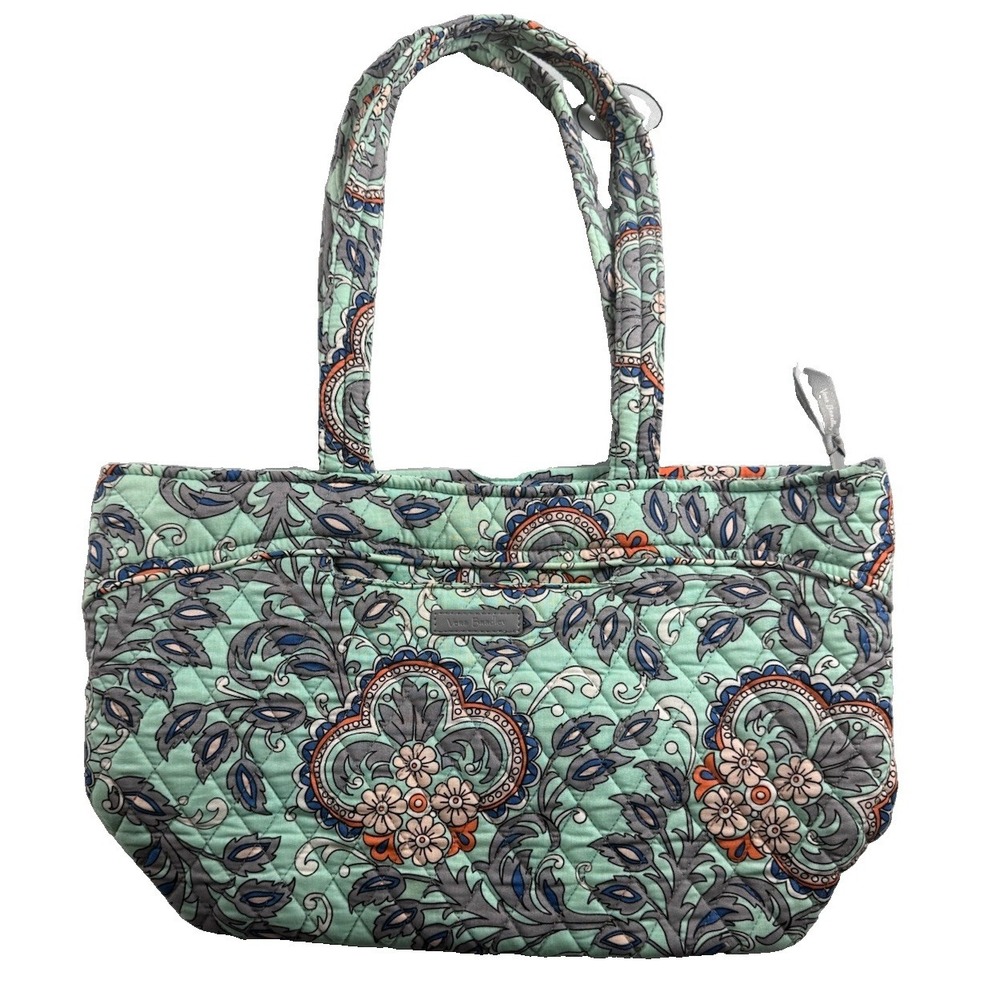 Vera Bradley Fan Flowers Quilted Large Tote Bag Mint Green Blue Orange Retired